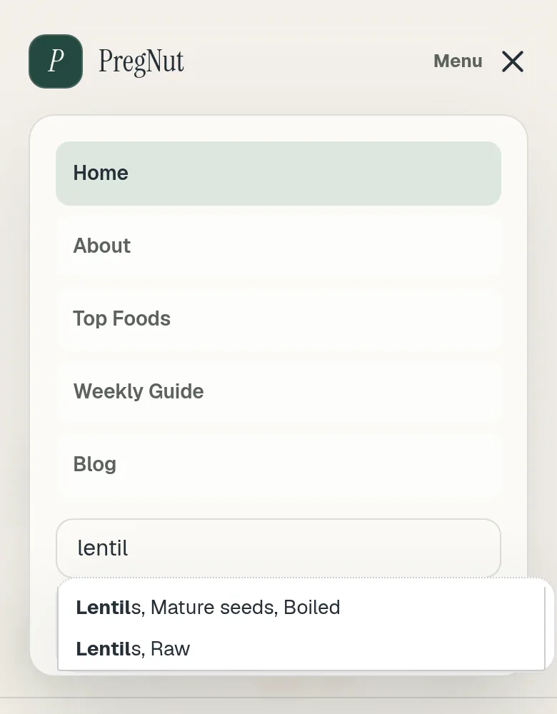PregNut mobile menu with 'lentil' typed in the food search and suggestions for boiled mature lentils and raw lentils