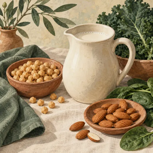 Painted still life of plant milk, chickpeas, almonds, and greens