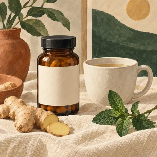 Painted still life of a blank supplement bottle, tea, ginger, and mint