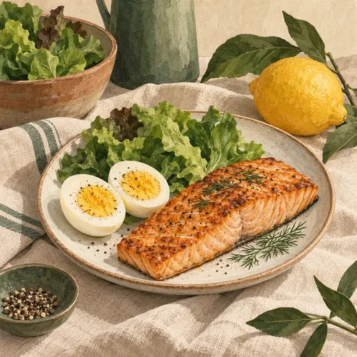 Painted still life of cooked salmon, hard-boiled eggs, greens, and lemon