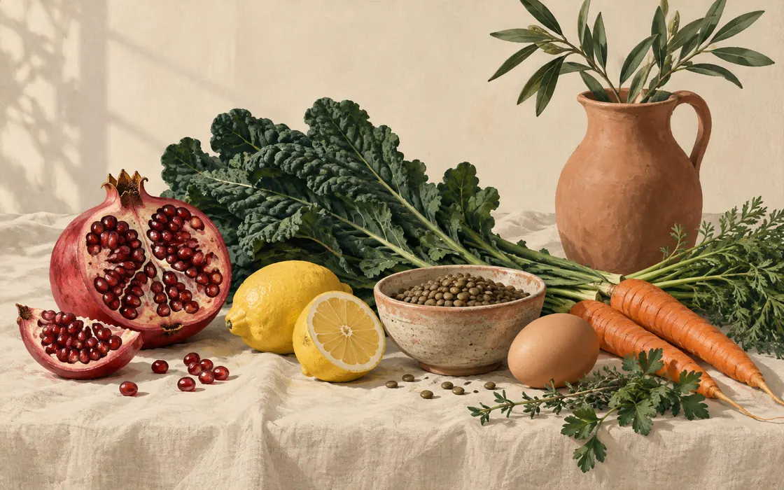 Painted still life of greens, lentils, citrus, eggs, and vegetables