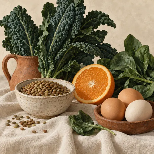 Painted still life of greens, lentils, citrus, and eggs