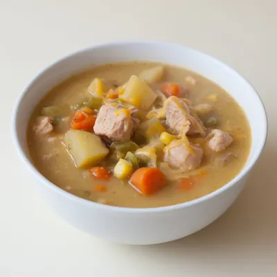Illustration of Soup, Chicken vegetable with potato and cheese, Chunky