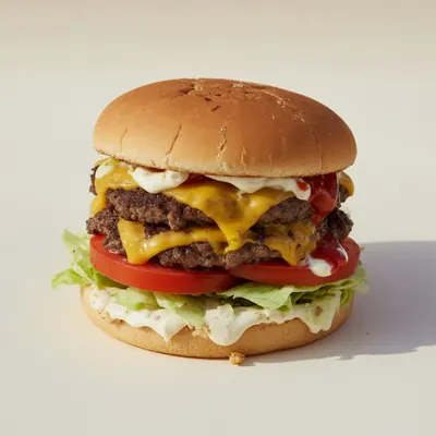 Illustration of Cheeseburger; single, Large patty; with condiments, Vegetables and mayonnaise