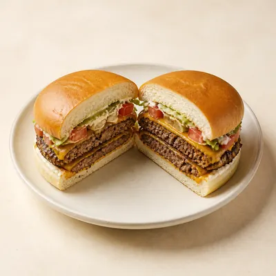 Illustration of Cheeseburger; double, Large patty; with condiments, Vegetables and mayonnaise
