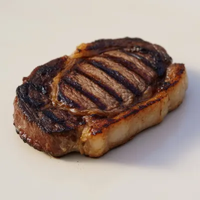 Illustration of Beef, Rib eye steak, Boneless, Lip-on, Separable lean and fat, cooked, grilled