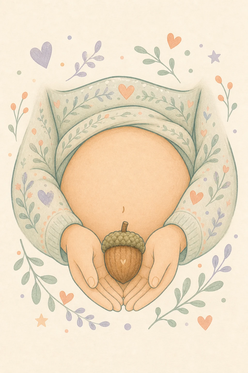 Hand-drawn illustration of a pregnant person holding an acorn