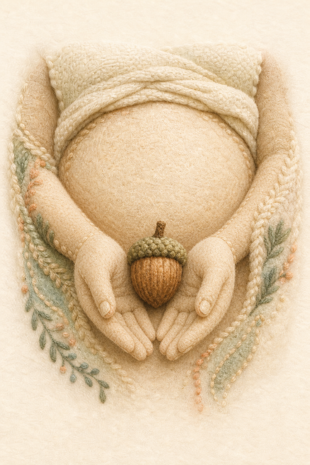 Woven textile illustration of a pregnant person holding an acorn