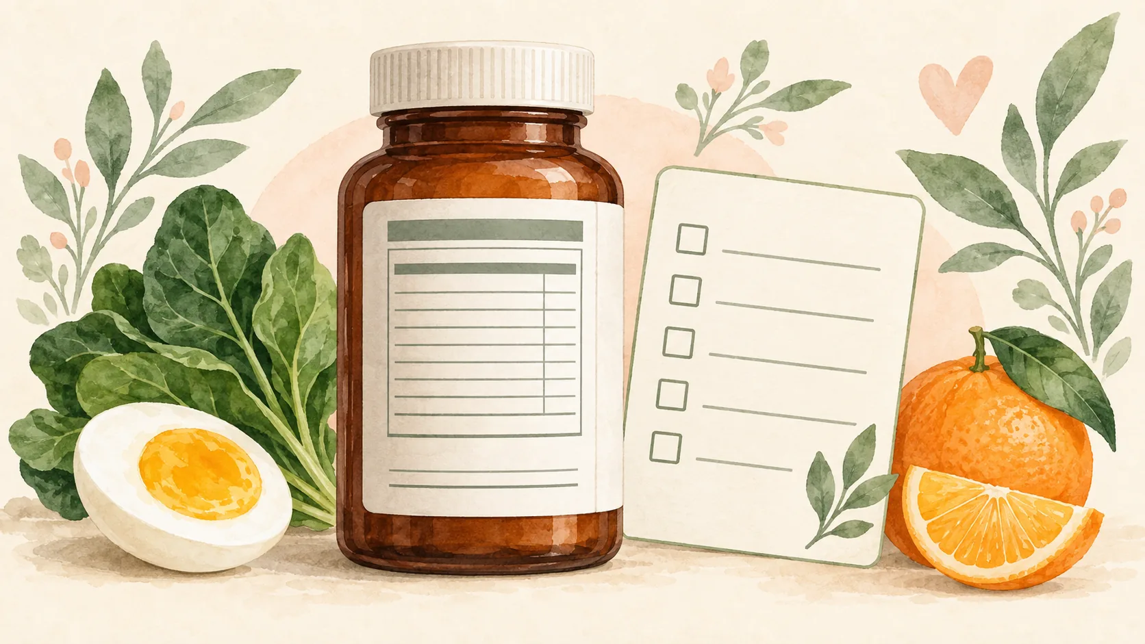 Illustration of an unbranded prenatal supplement bottle, blank label checklist, egg, greens, and orange